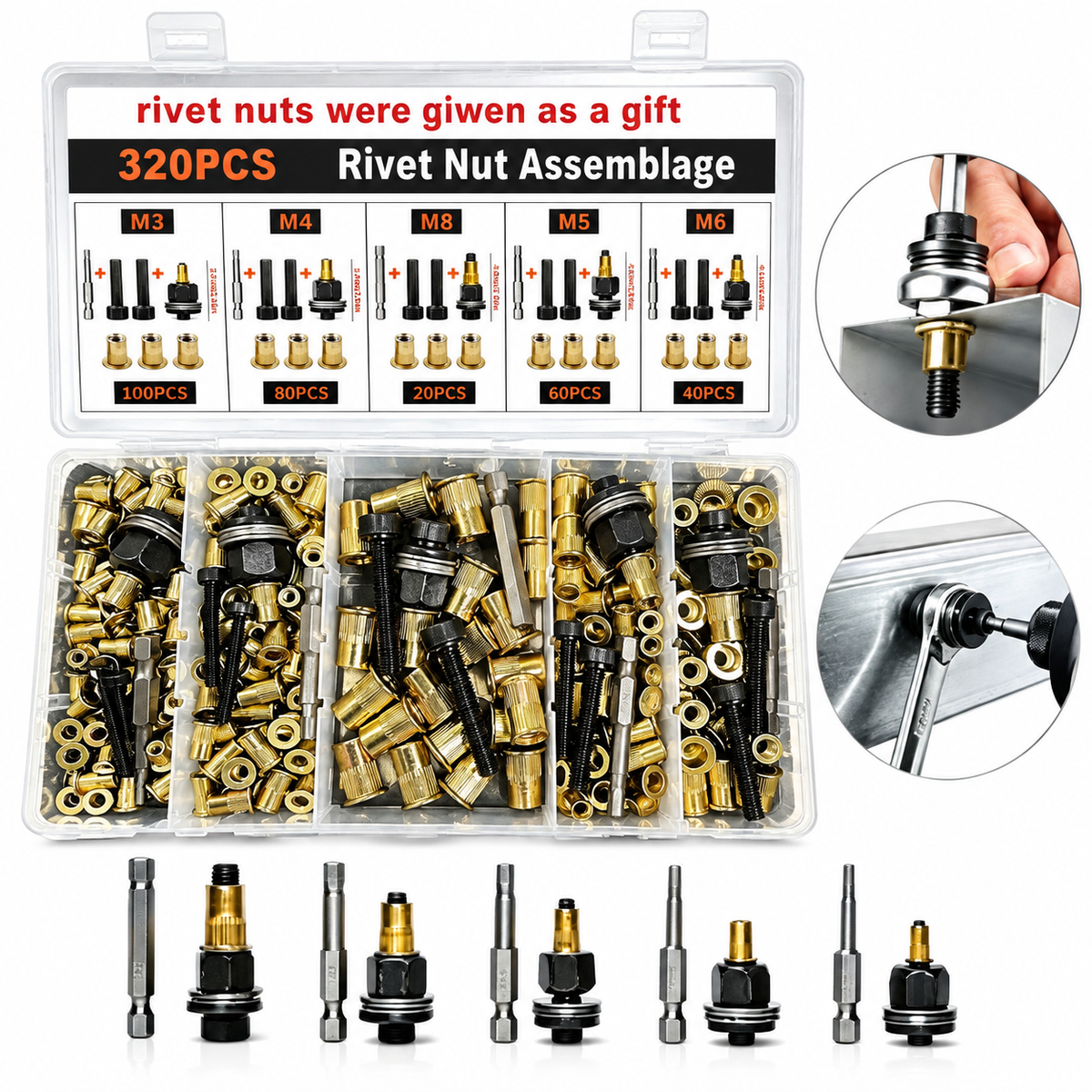 ✨Rivet Nut Tool Kit – M3-M8 Mandrel Heads & Hex Bits for Auto & DIY Repair