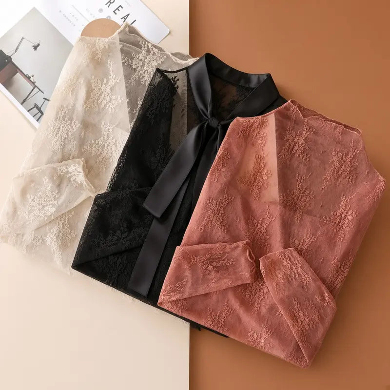 👚 Soft, Stretchy, Effortless – Floral Lace Mesh Long-Sleeve Top, Breathable Innerwear for All-Season Layering