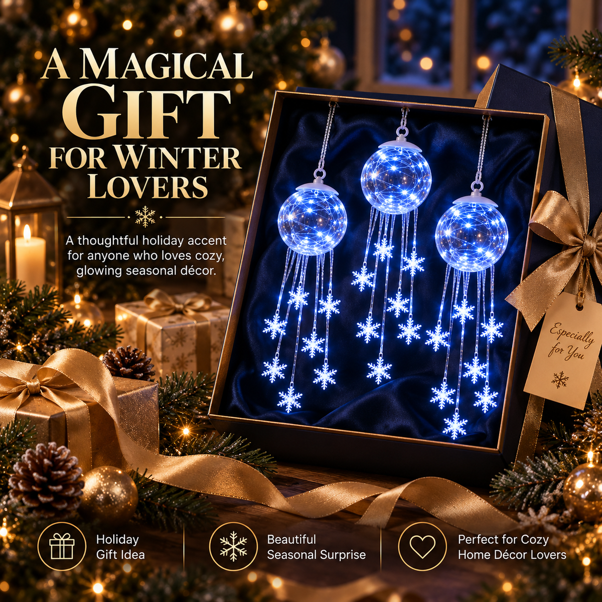 Icy Glow Crystal Globe Snowflake Hanging Ornament – Christmas Winter Light Décor