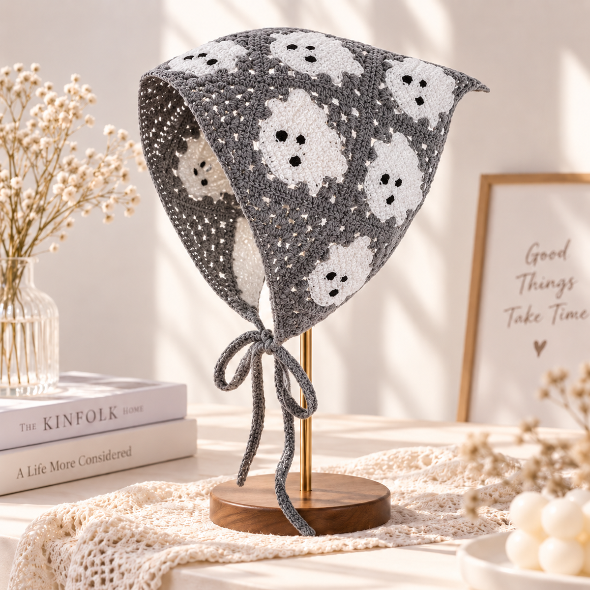 🎃 Halloween Triangle Bandana – Boho Crochet Head Wrap with Spooky Ghost/Bat Print