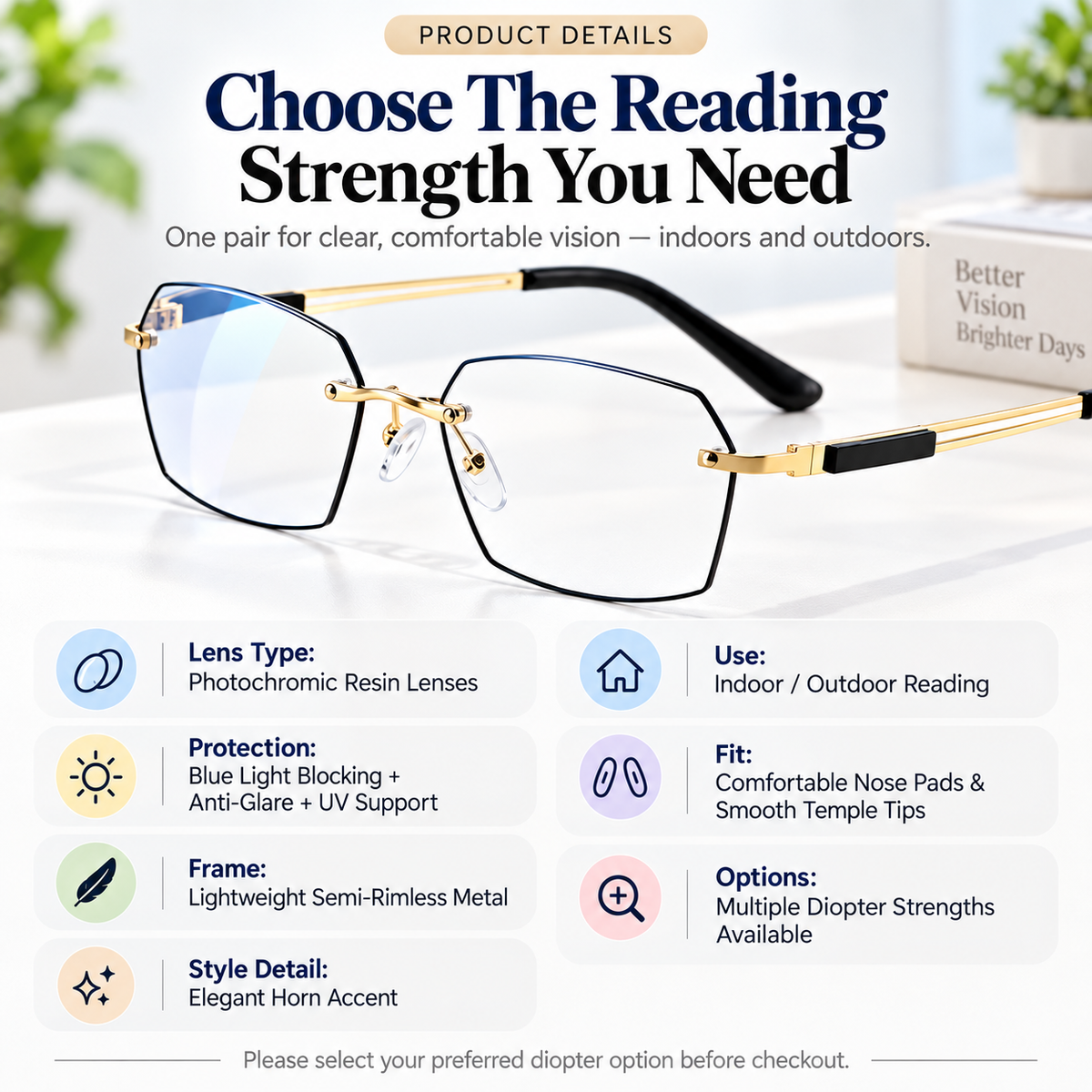 π Auto-Tint Senior Readers β BlueLight Blocking + UV Protection, Lightweight Metal Frame