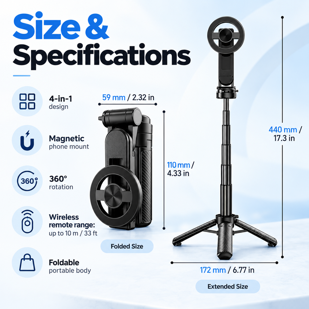✨Magnetic Pocket Selfie Stick – 4-in-1 Rechargeable Remote Control Quadrant, Perfect for Travel and Vlogging