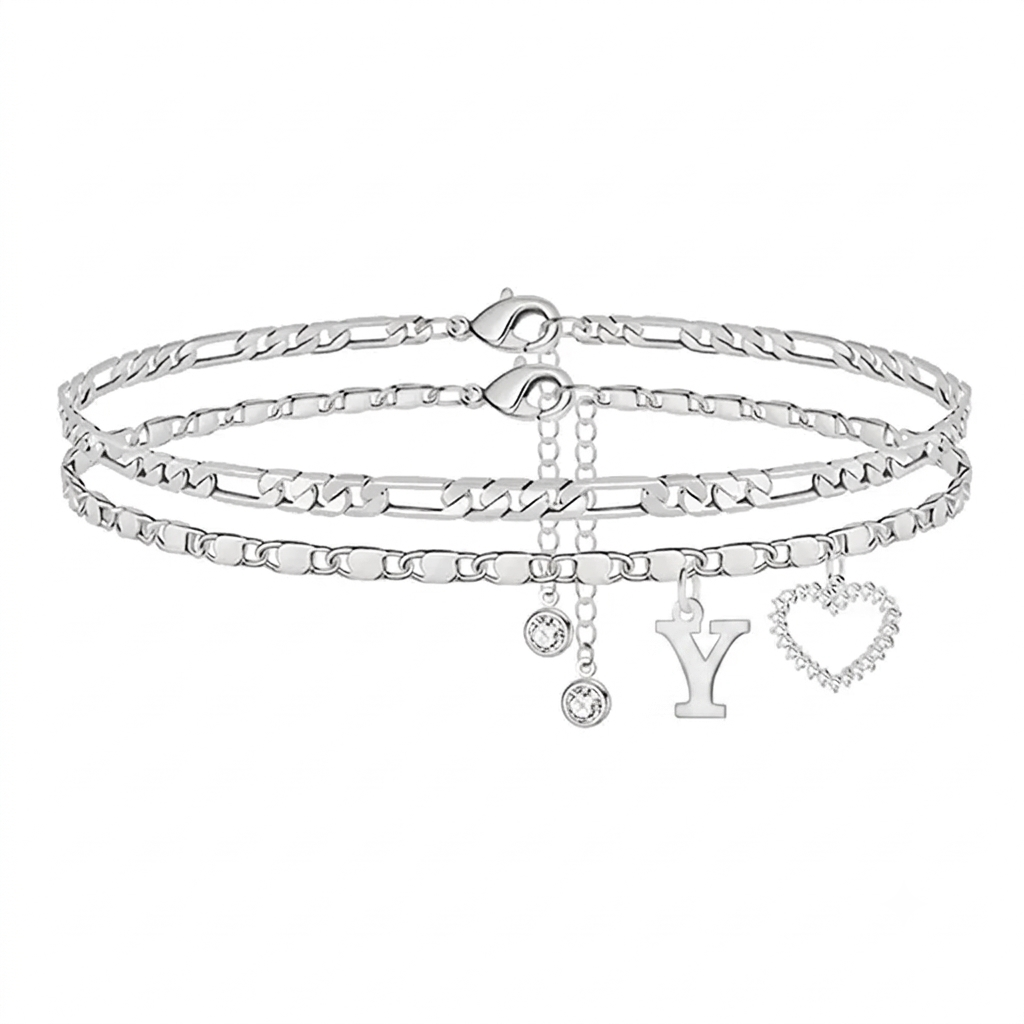 π 14k-Gold Plated-Double-Layer 26-Letter-Tone Chain Heart-Shaped Anklet with a heart-shaped pendant