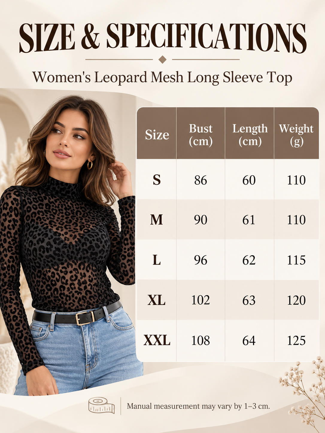 ✨Women's Leopard Print Mesh Long Sleeve Top | Fitted Waist, Semi-Sheer Stretch Blouse for Spring & Fall