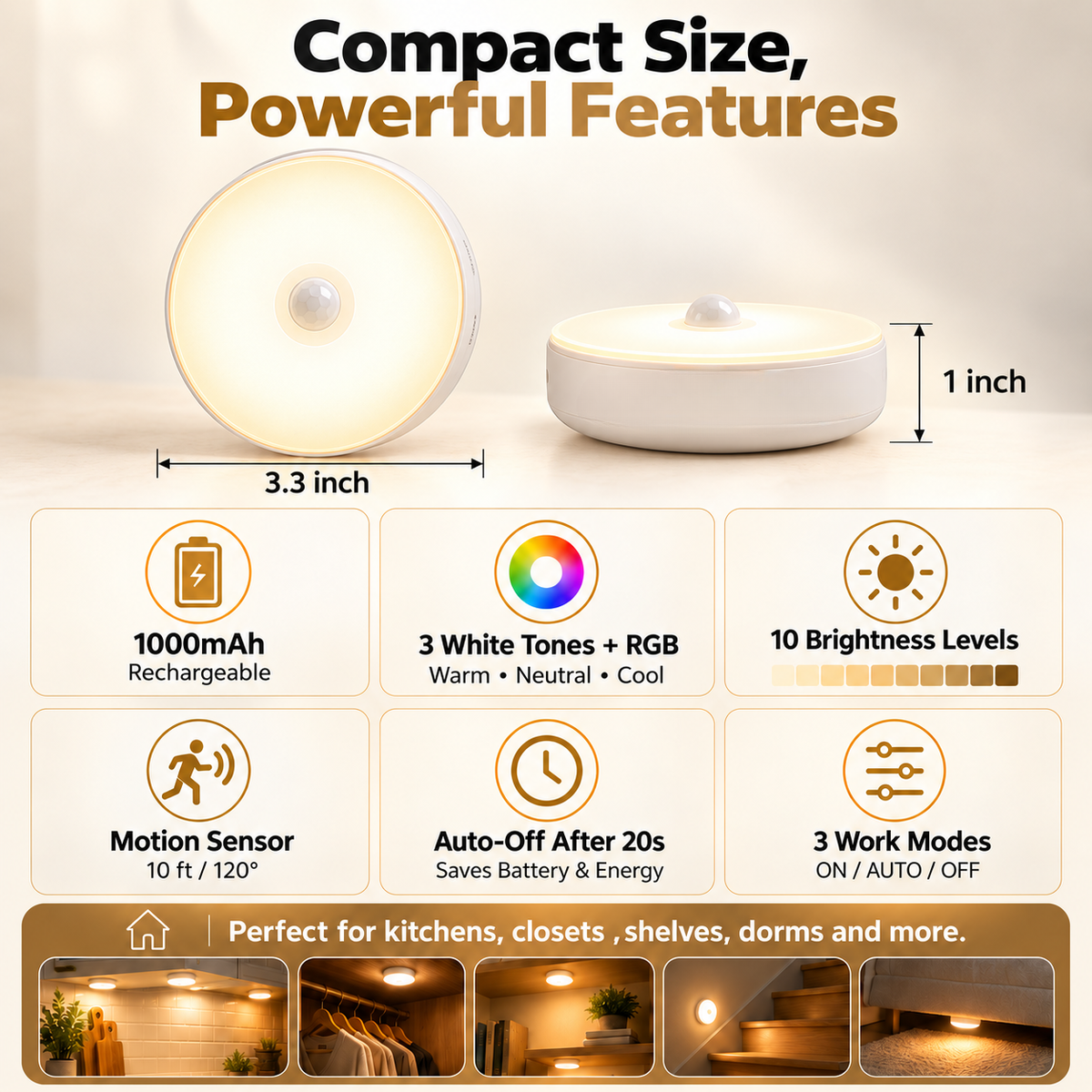 ✨Rechargeable Puck Lights with Remote – 3 Color Temps & RGB Under Cabinet Lighting
