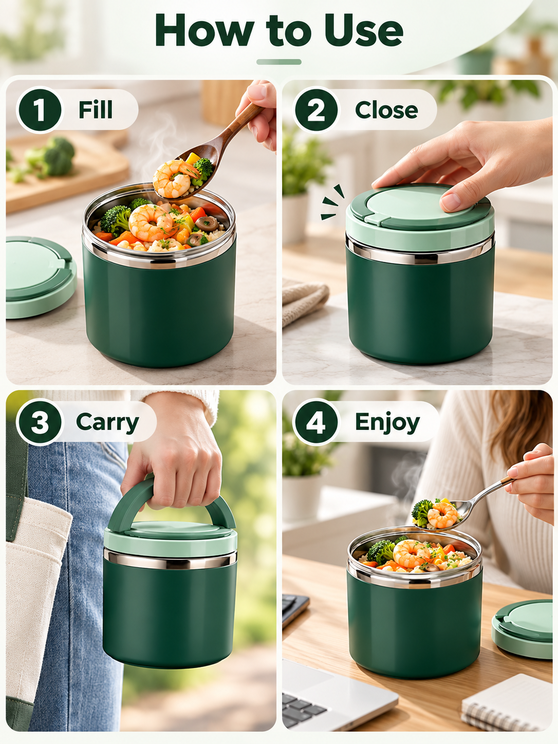 Stainless Steel Insulated Lunch Box with Handle – Leakproof Stackable Food Container for Office, School & Travel