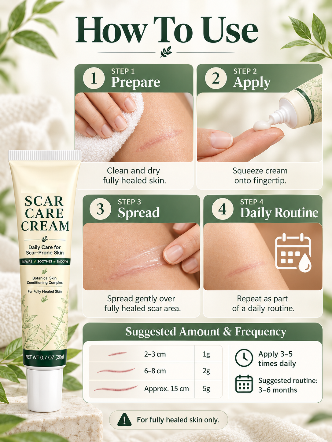🌿  Scar Care Cream – Silicone & Recombinant Type III Collagen Formula, 20g, Moisturizing & Smoothing Care for Fully Healed Scar-Prone Skin