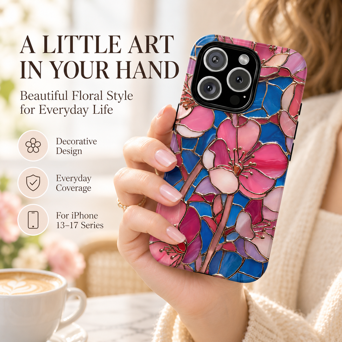 🌸 Vintage Floral iPhone Case – Colorful Stained Glass-Inspired Flower Design, Protective Phone Cover for iPhone 13–17 Series