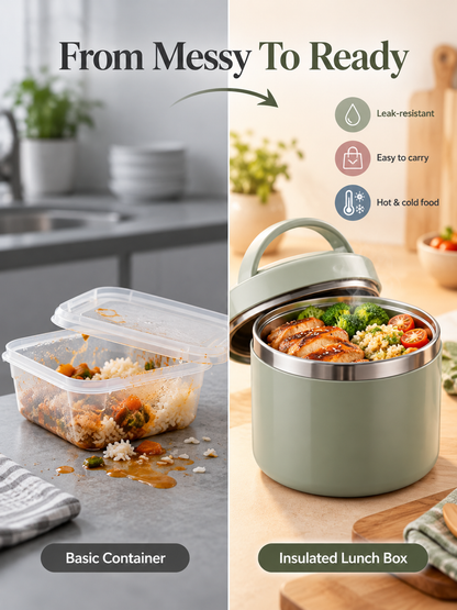 Stainless Steel Insulated Lunch Box with Handle – Leakproof Stackable Food Container for Office, School & Travel