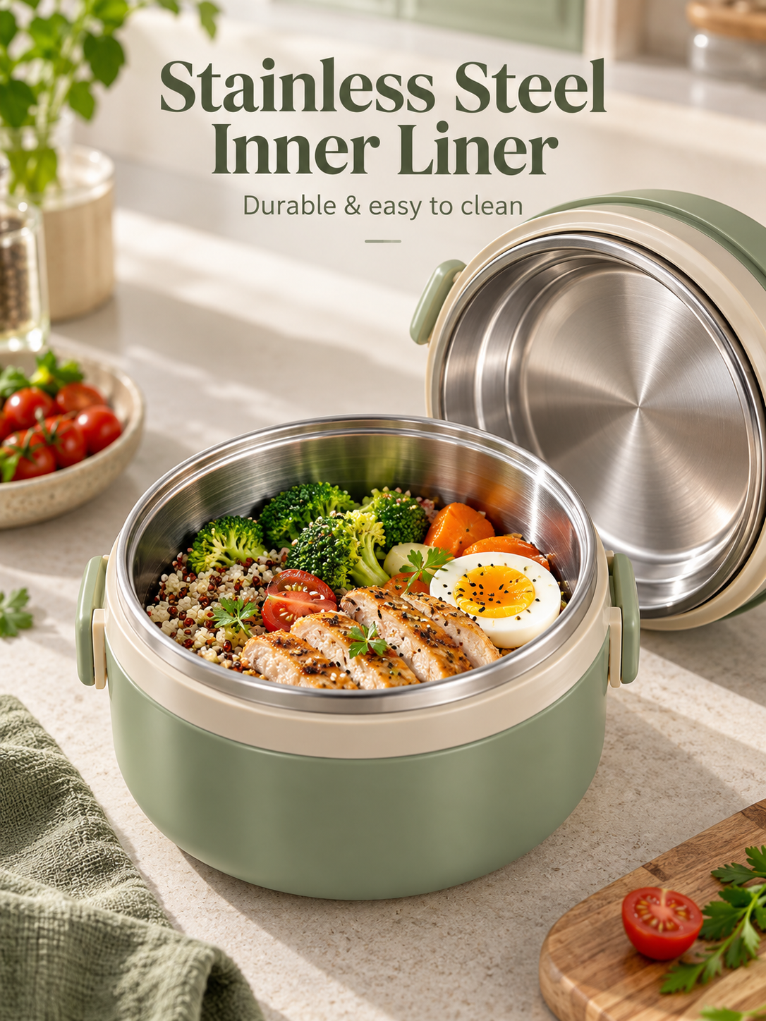 Stainless Steel Insulated Lunch Box with Handle – Leakproof Stackable Food Container for Office, School & Travel