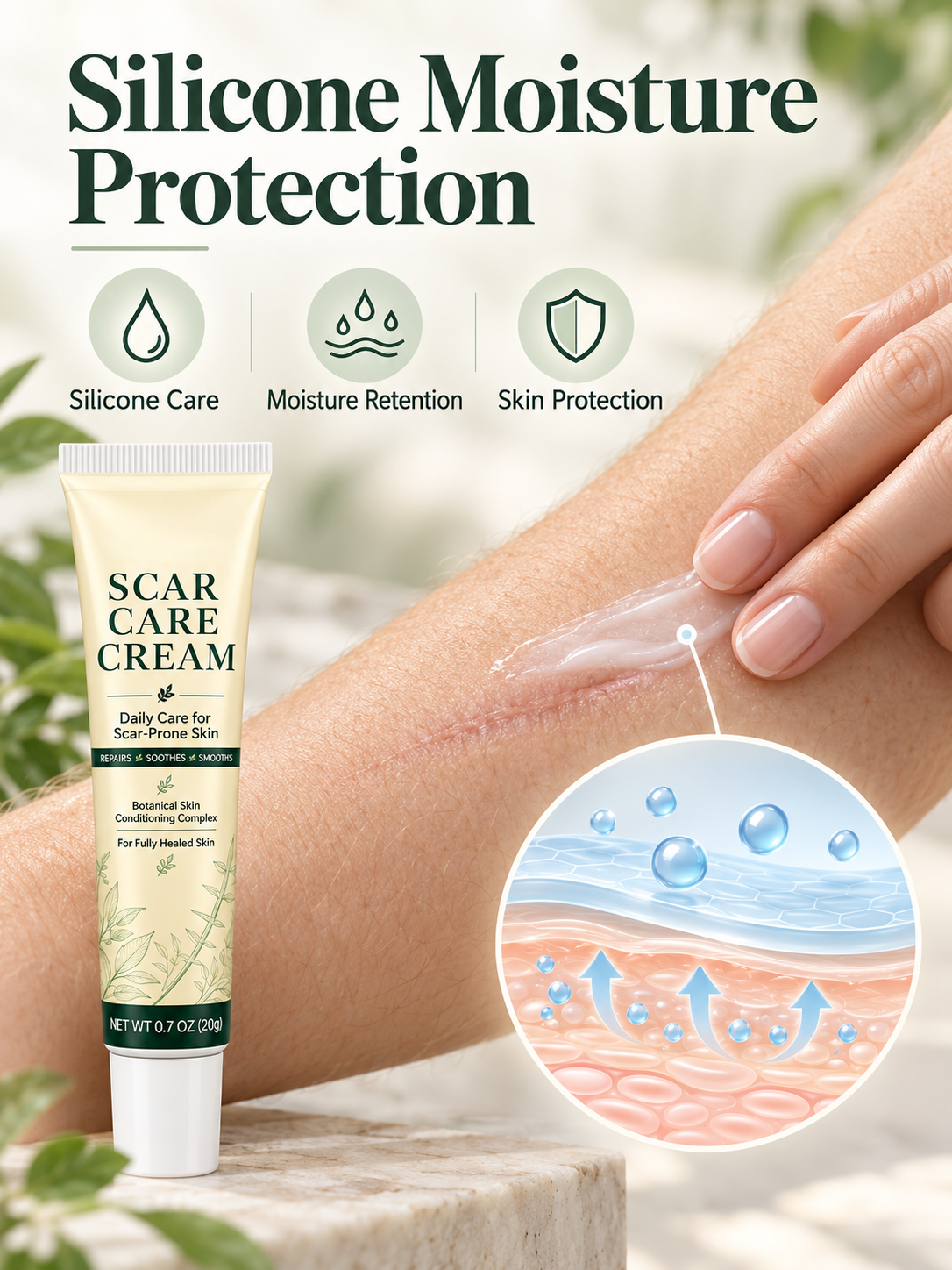 🌿  Scar Care Cream – Silicone & Recombinant Type III Collagen Formula, 20g, Moisturizing & Smoothing Care for Fully Healed Scar-Prone Skin