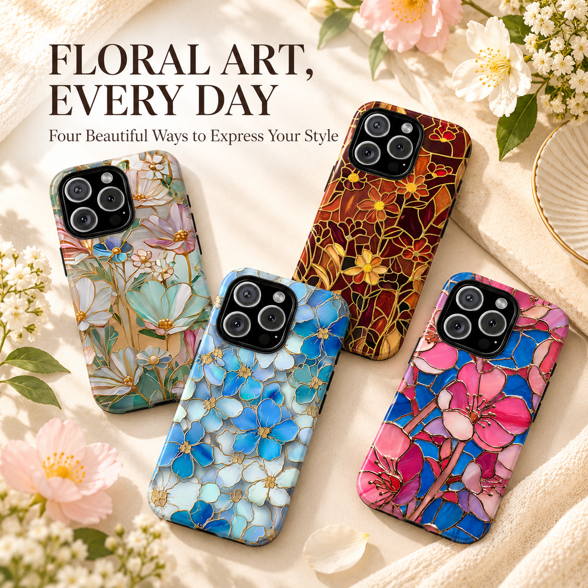 🌸 Vintage Floral iPhone Case – Colorful Stained Glass-Inspired Flower Design, Protective Phone Cover for iPhone 13–17 Series