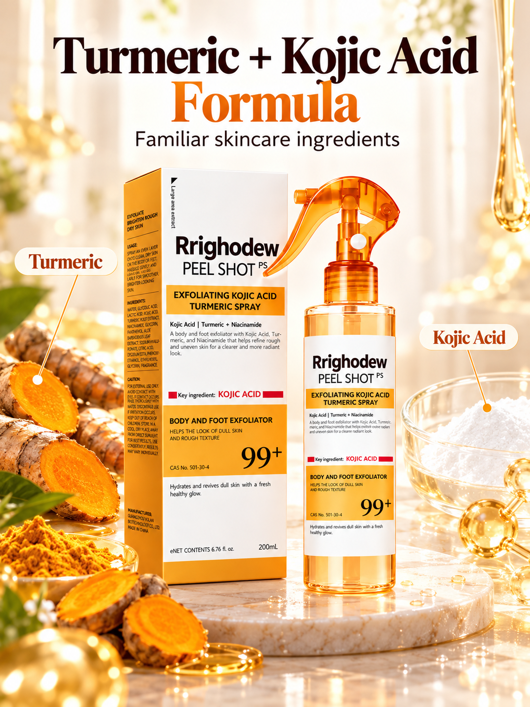 🌿 Turmeric & Kojic Acid Exfoliating Spray – Gentle Body & Foot Care for Smoother-Looking Skin | 200ml