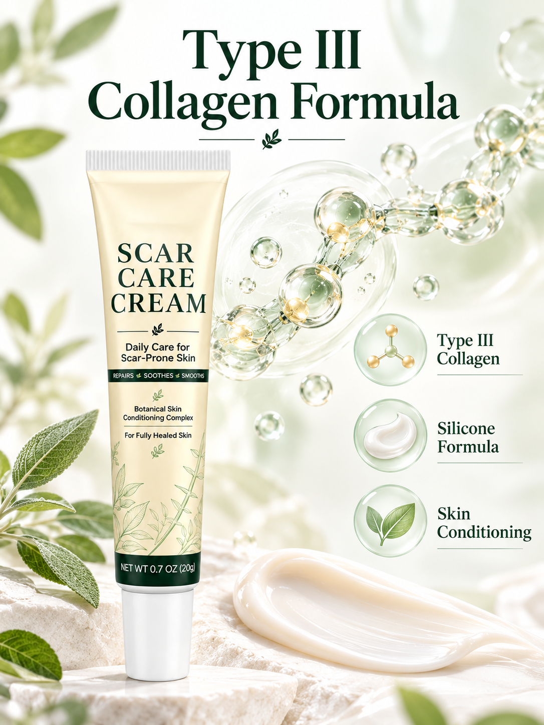 🌿  Scar Care Cream – Silicone & Recombinant Type III Collagen Formula, 20g, Moisturizing & Smoothing Care for Fully Healed Scar-Prone Skin