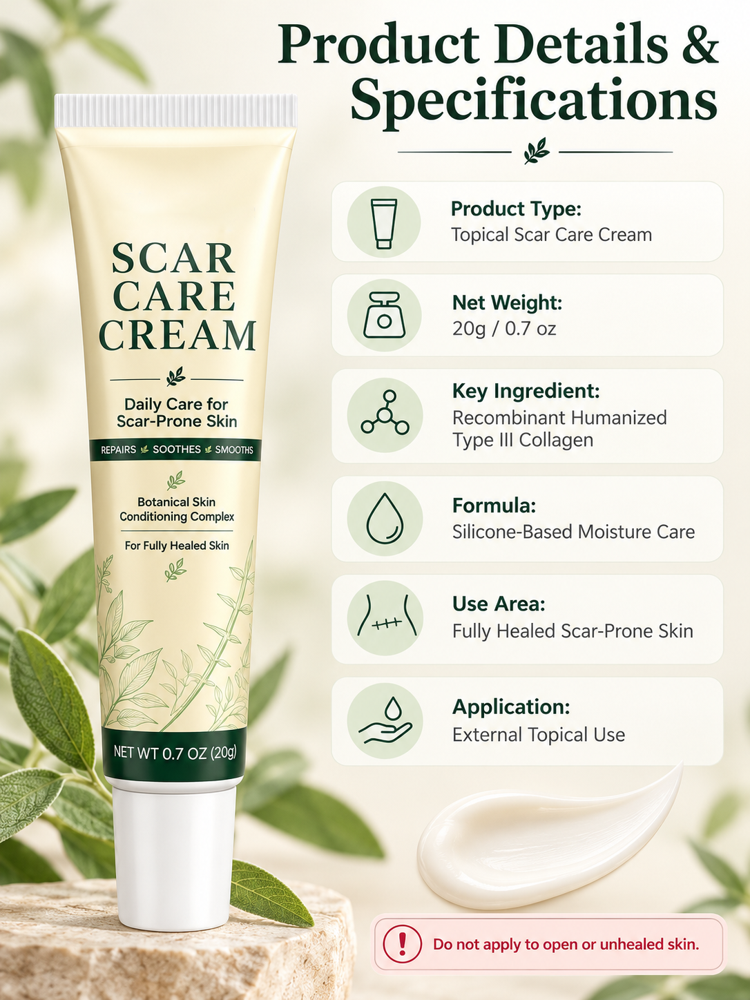 🌿  Scar Care Cream – Silicone & Recombinant Type III Collagen Formula, 20g, Moisturizing & Smoothing Care for Fully Healed Scar-Prone Skin