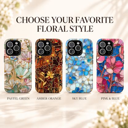 🌸 Vintage Floral iPhone Case – Colorful Stained Glass-Inspired Flower Design, Protective Phone Cover for iPhone 13–17 Series