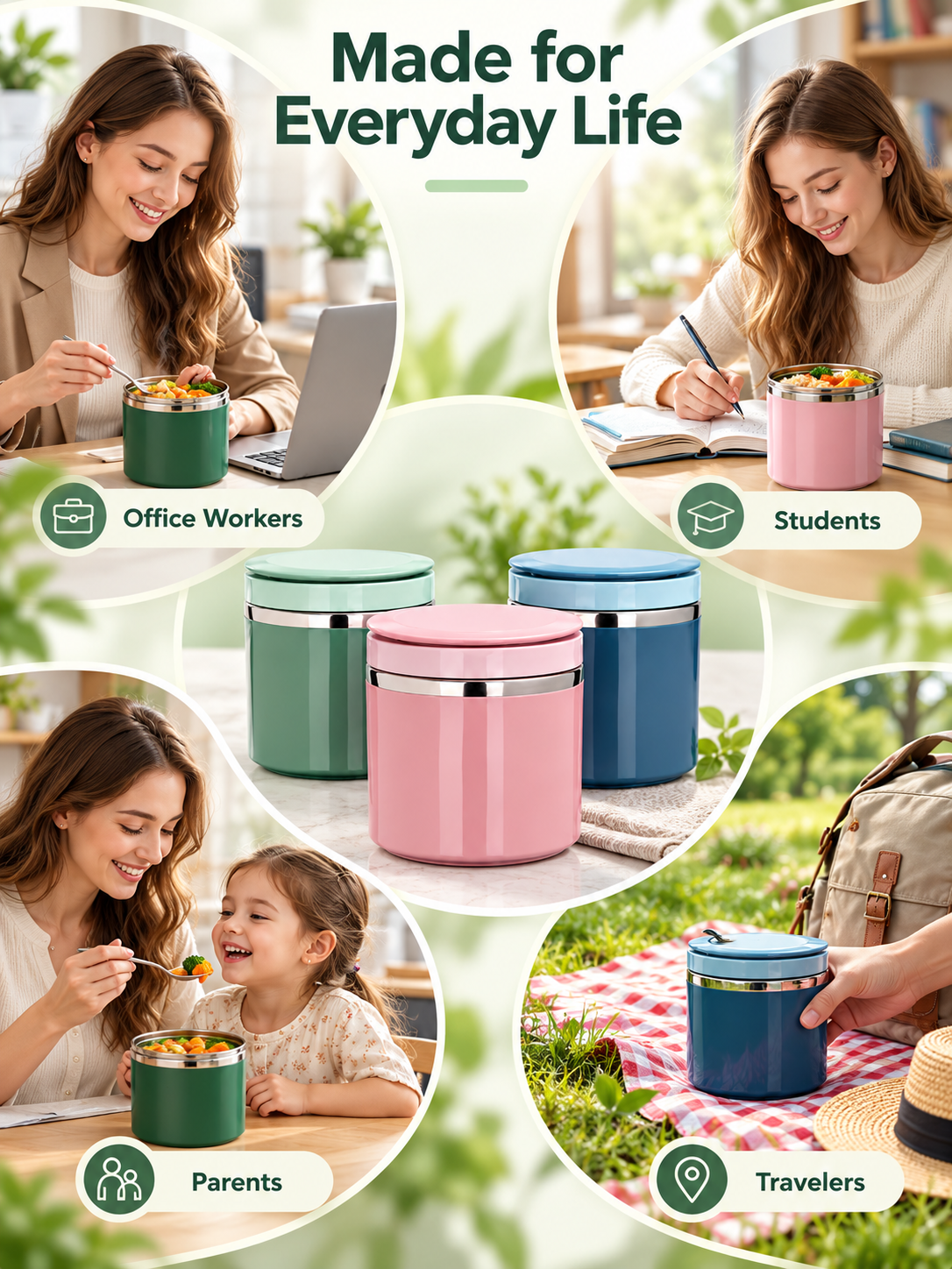 Stainless Steel Insulated Lunch Box with Handle – Leakproof Stackable Food Container for Office, School & Travel