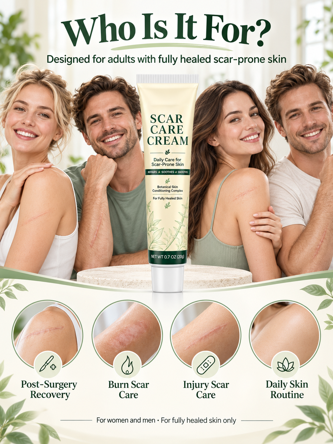 🌿  Scar Care Cream – Silicone & Recombinant Type III Collagen Formula, 20g, Moisturizing & Smoothing Care for Fully Healed Scar-Prone Skin
