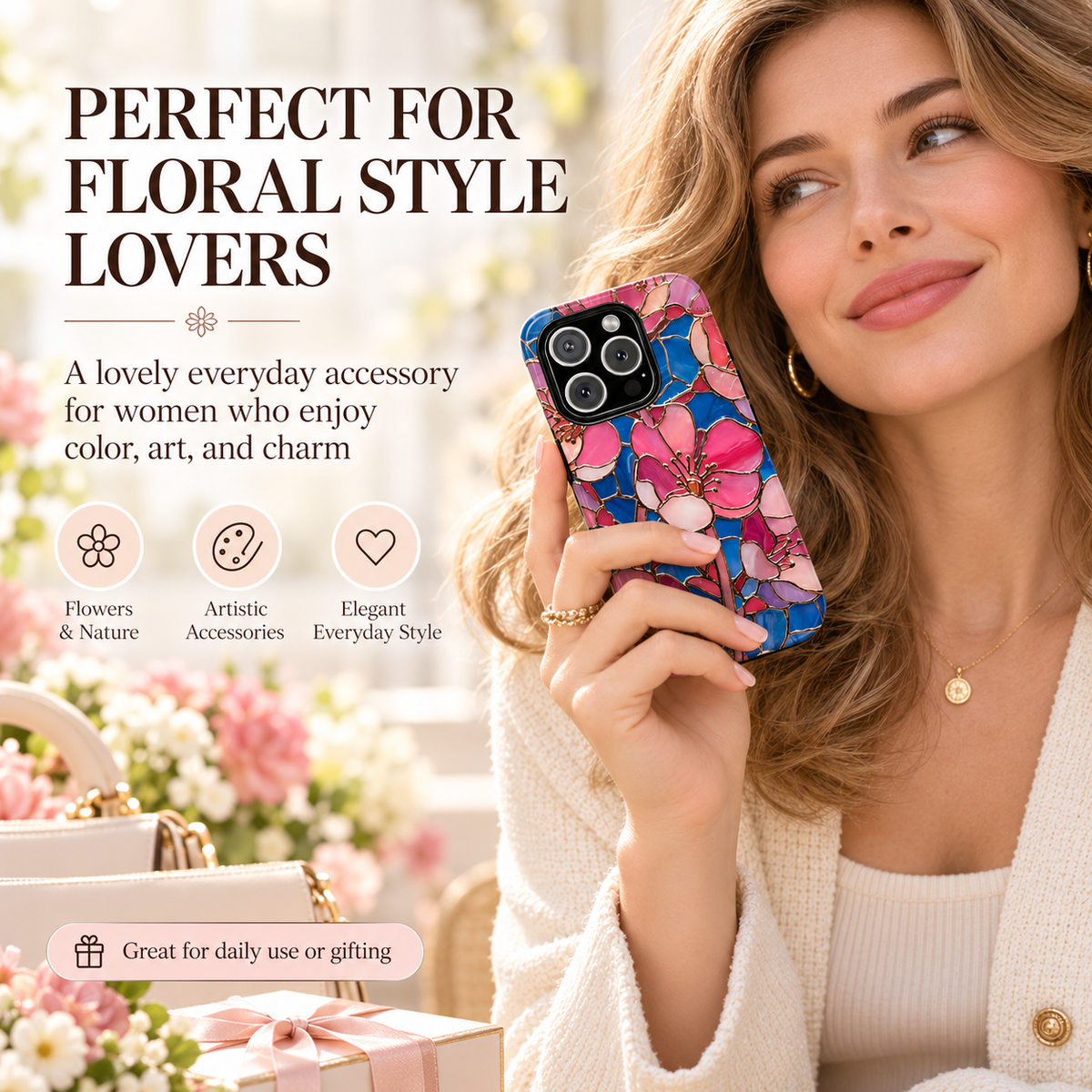 🌸 Vintage Floral iPhone Case – Colorful Stained Glass-Inspired Flower Design, Protective Phone Cover for iPhone 13–17 Series