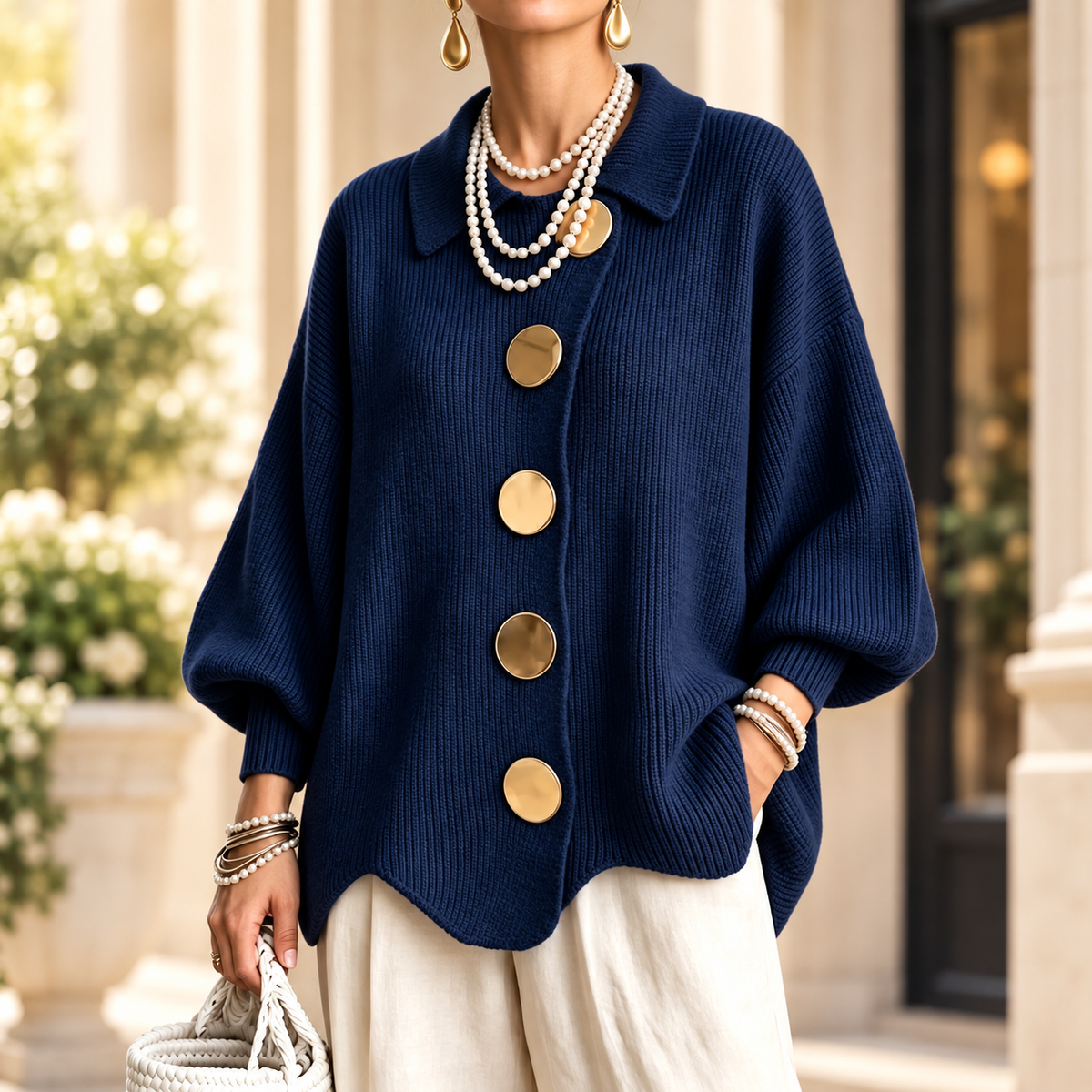 Women's Elegant French Lapel Knit Cardigan – Oversized Gold Button Sweater with Lantern Sleeves & Irregular Hem