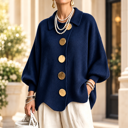 Women's Elegant French Lapel Knit Cardigan – Oversized Gold Button Sweater with Lantern Sleeves & Irregular Hem