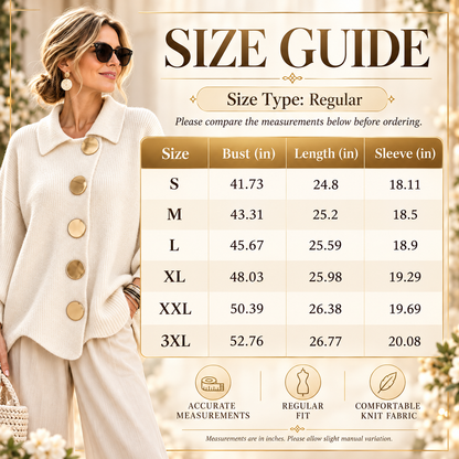 Women's Elegant French Lapel Knit Cardigan – Oversized Gold Button Sweater with Lantern Sleeves & Irregular Hem