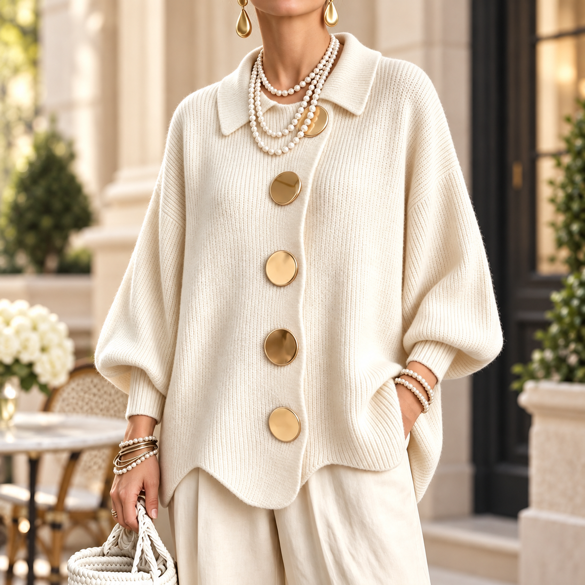 Women's Elegant French Lapel Knit Cardigan – Oversized Gold Button Sweater with Lantern Sleeves & Irregular Hem