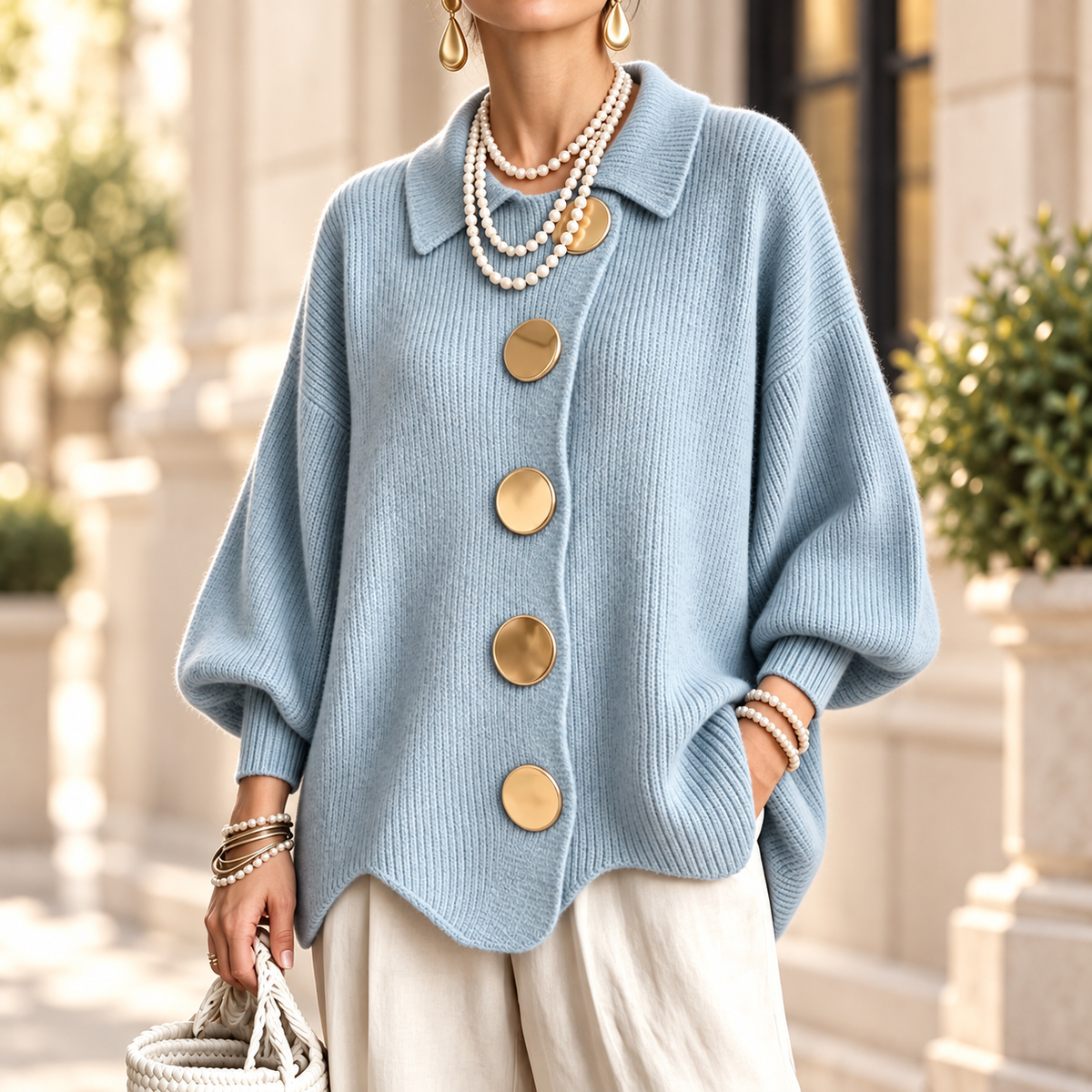 Women's Elegant French Lapel Knit Cardigan – Oversized Gold Button Sweater with Lantern Sleeves & Irregular Hem