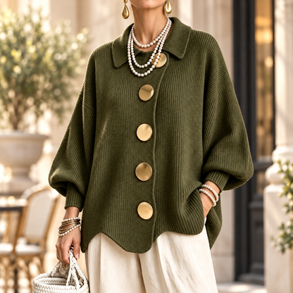 Women's Elegant French Lapel Knit Cardigan – Oversized Gold Button Sweater with Lantern Sleeves & Irregular Hem