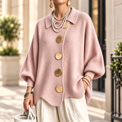 Women's Elegant French Lapel Knit Cardigan – Oversized Gold Button Sweater with Lantern Sleeves & Irregular Hem