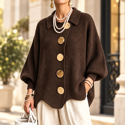 Women's Elegant French Lapel Knit Cardigan – Oversized Gold Button Sweater with Lantern Sleeves & Irregular Hem