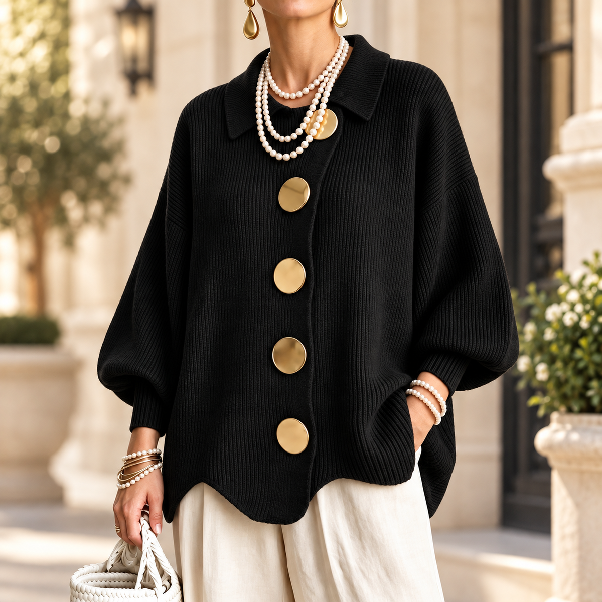 Women's Elegant French Lapel Knit Cardigan – Oversized Gold Button Sweater with Lantern Sleeves & Irregular Hem