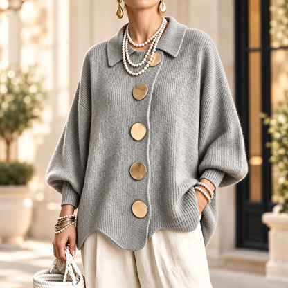 Women's Elegant French Lapel Knit Cardigan – Oversized Gold Button Sweater with Lantern Sleeves & Irregular Hem