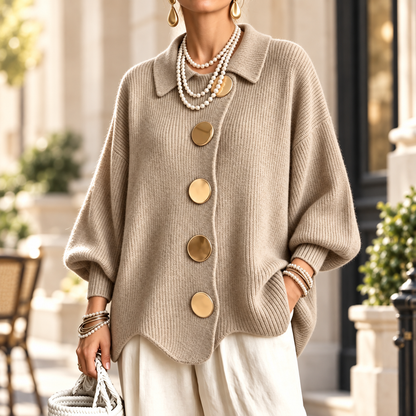 Women's Elegant French Lapel Knit Cardigan – Oversized Gold Button Sweater with Lantern Sleeves & Irregular Hem
