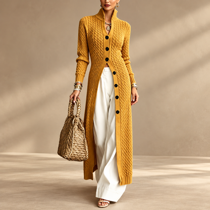 Women’s Long Cable Knit Cardigan, Elegant Full-Length Knitwear