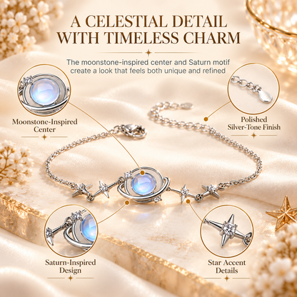 Women's Elegant Silver Celestial Bracelet – Moonstone Saturn & Star Charms, Vintage Astrology Jewelry