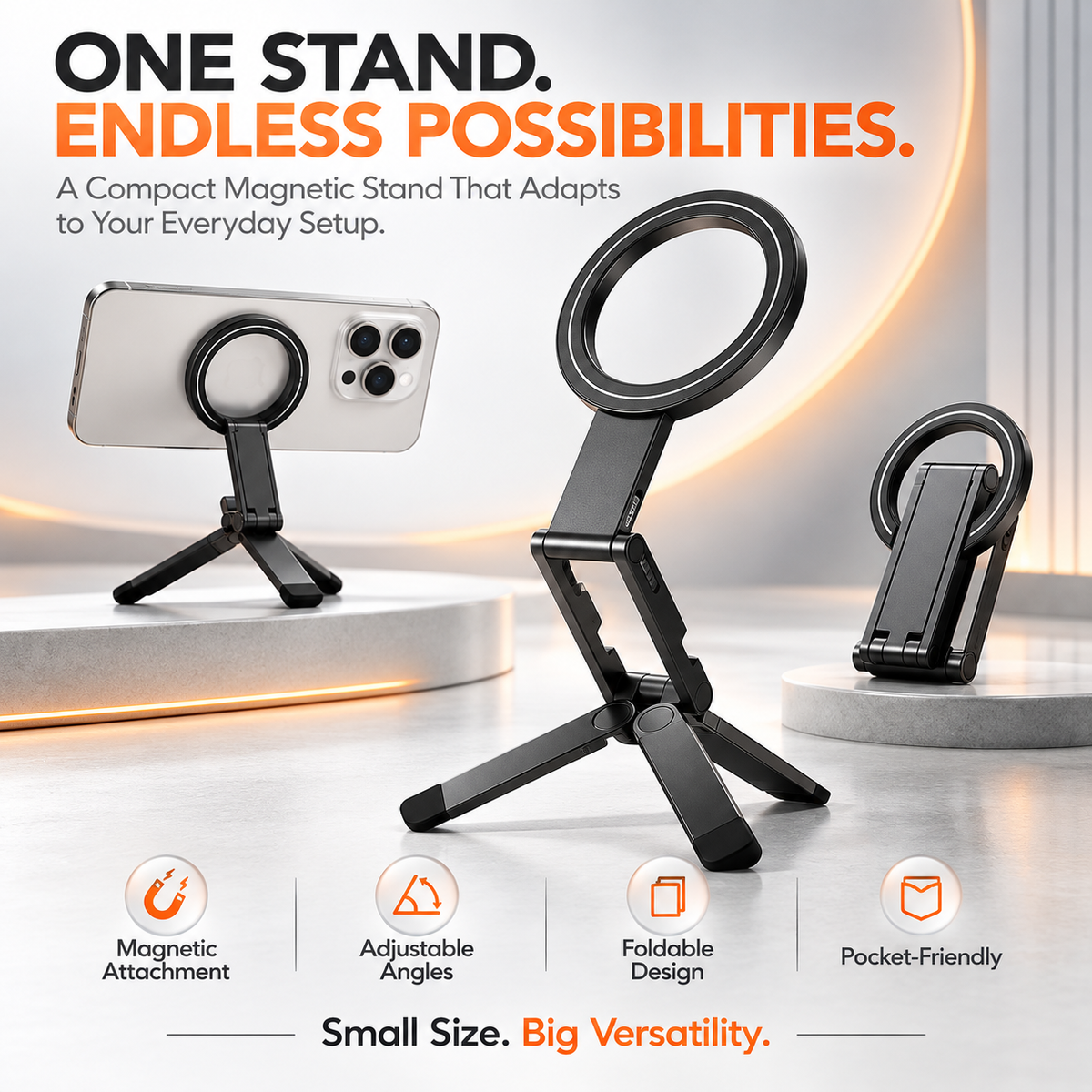 Foldable Magnetic Phone Stand – Adjustable Aluminum Mini Tripod, Ultra-Slim Portable Holder for Hands-Free Viewing