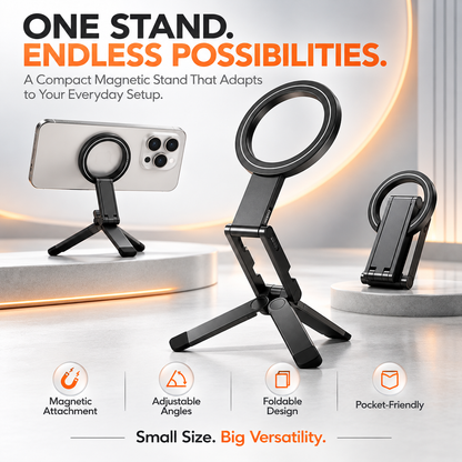 Foldable Magnetic Phone Stand – Adjustable Aluminum Mini Tripod, Ultra-Slim Portable Holder for Hands-Free Viewing