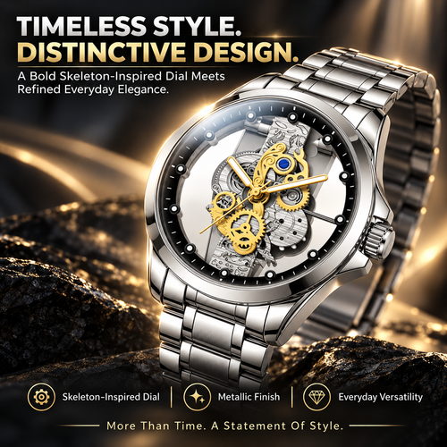 Men's Luxury Skeleton Dial Watch – Stainless Steel Bracelet, Elegant Gold Gear Design & 30M Water Resistant