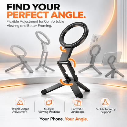 Foldable Magnetic Phone Stand – Adjustable Aluminum Mini Tripod, Ultra-Slim Portable Holder for Hands-Free Viewing