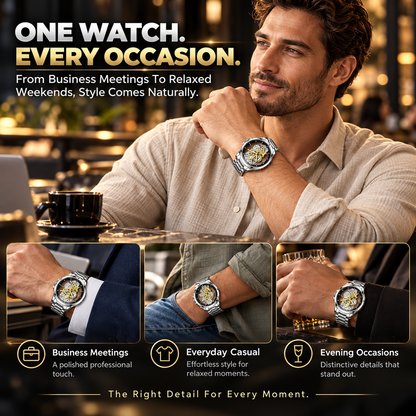 Men's Luxury Skeleton Dial Watch – Stainless Steel Bracelet, Elegant Gold Gear Design & 30M Water Resistant