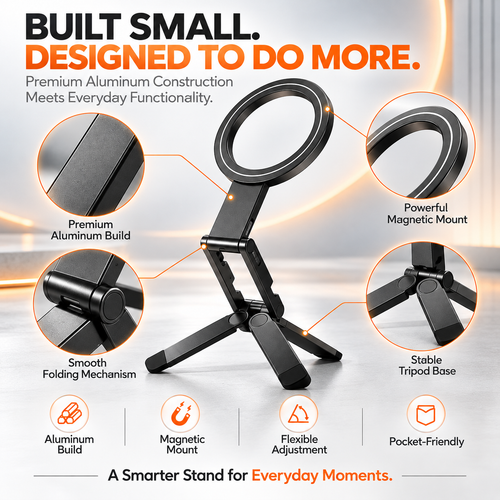 Foldable Magnetic Phone Stand – Adjustable Aluminum Mini Tripod, Ultra-Slim Portable Holder for Hands-Free Viewing