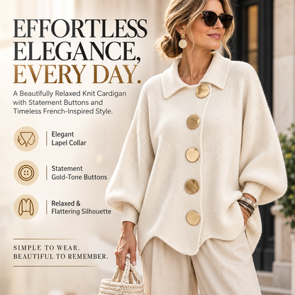Women's Elegant French Lapel Knit Cardigan – Oversized Gold Button Sweater with Lantern Sleeves & Irregular Hem