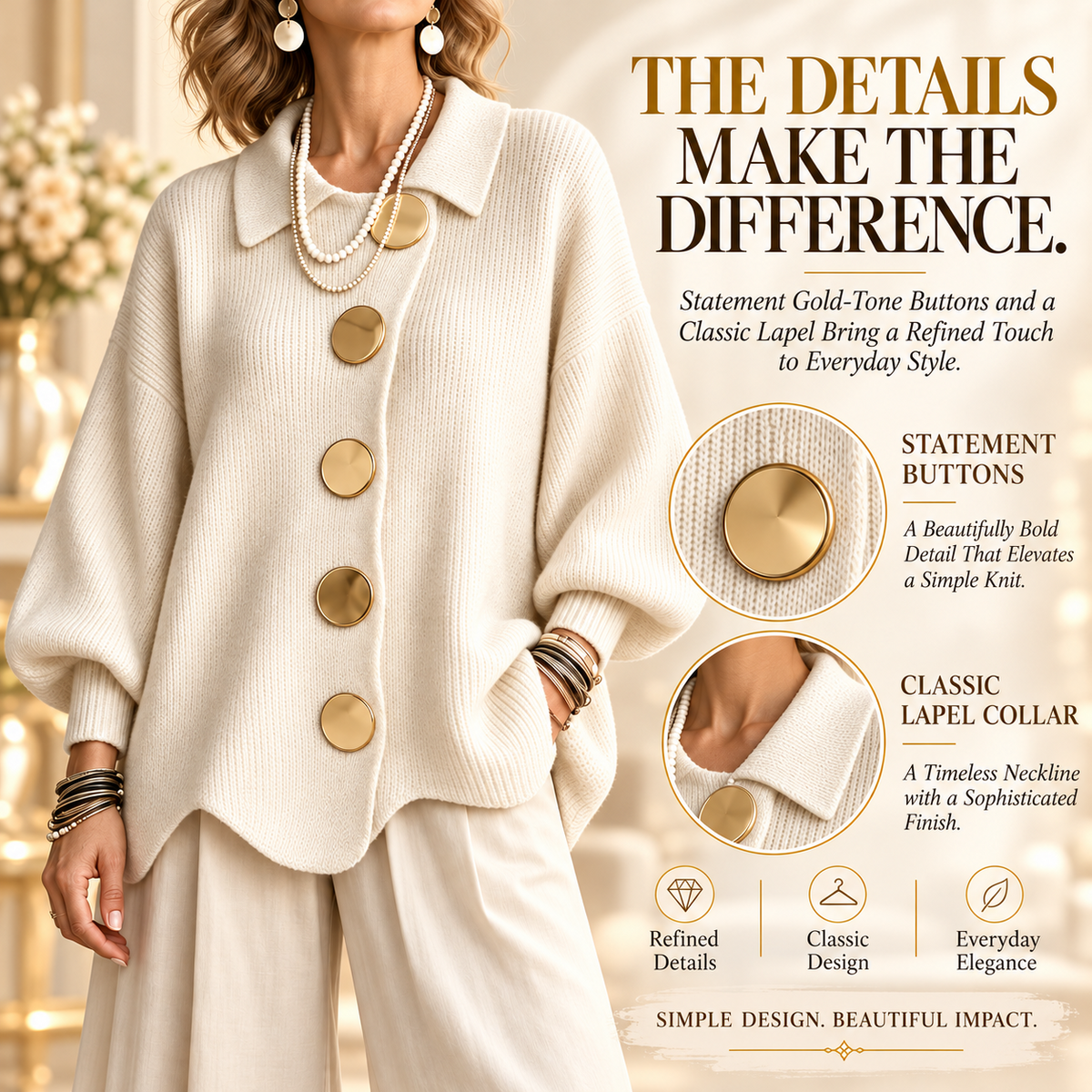 Women's Elegant French Lapel Knit Cardigan – Oversized Gold Button Sweater with Lantern Sleeves & Irregular Hem