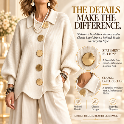Women's Elegant French Lapel Knit Cardigan – Oversized Gold Button Sweater with Lantern Sleeves & Irregular Hem
