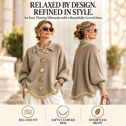 Women's Elegant French Lapel Knit Cardigan – Oversized Gold Button Sweater with Lantern Sleeves & Irregular Hem