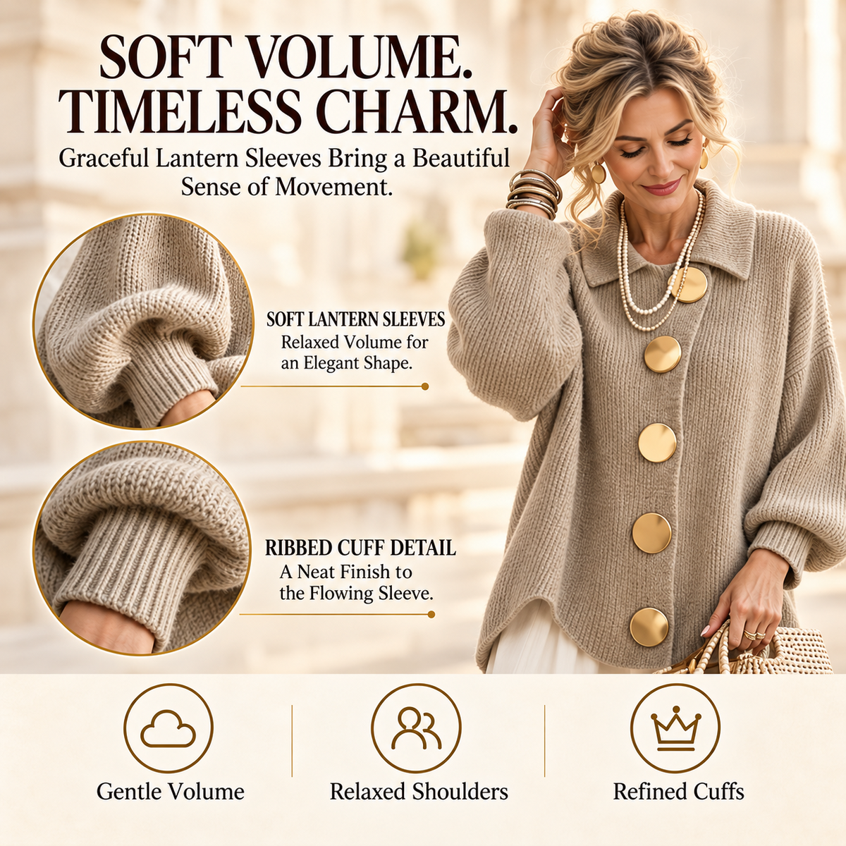 Women's Elegant French Lapel Knit Cardigan – Oversized Gold Button Sweater with Lantern Sleeves & Irregular Hem
