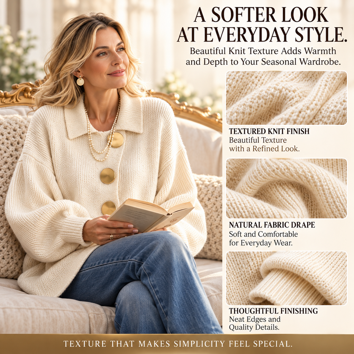 Women's Elegant French Lapel Knit Cardigan – Oversized Gold Button Sweater with Lantern Sleeves & Irregular Hem