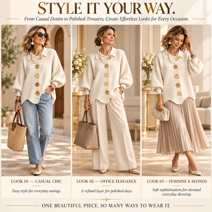 Women's Elegant French Lapel Knit Cardigan – Oversized Gold Button Sweater with Lantern Sleeves & Irregular Hem