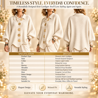 Women's Elegant French Lapel Knit Cardigan – Oversized Gold Button Sweater with Lantern Sleeves & Irregular Hem